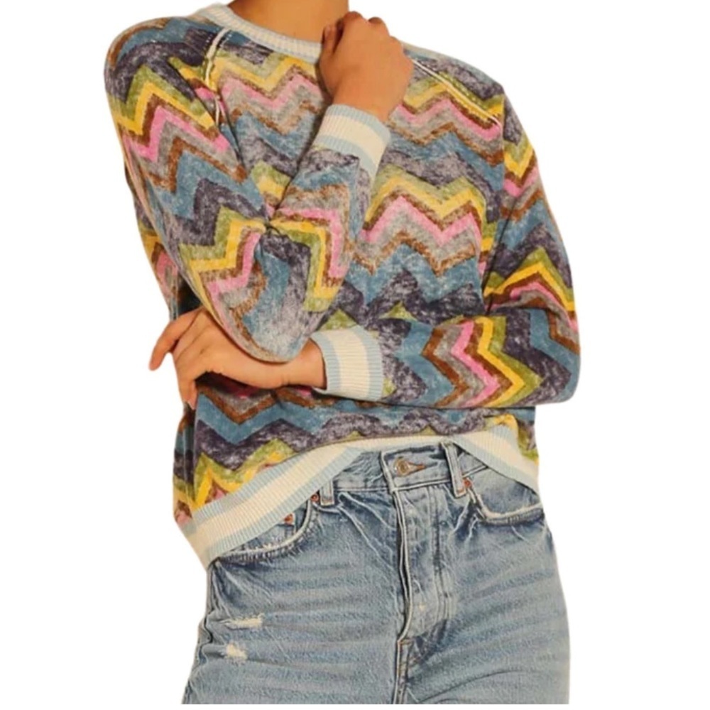 Minnie Rose multicolor reverse chevron cotton and cashmere crew neck sweater